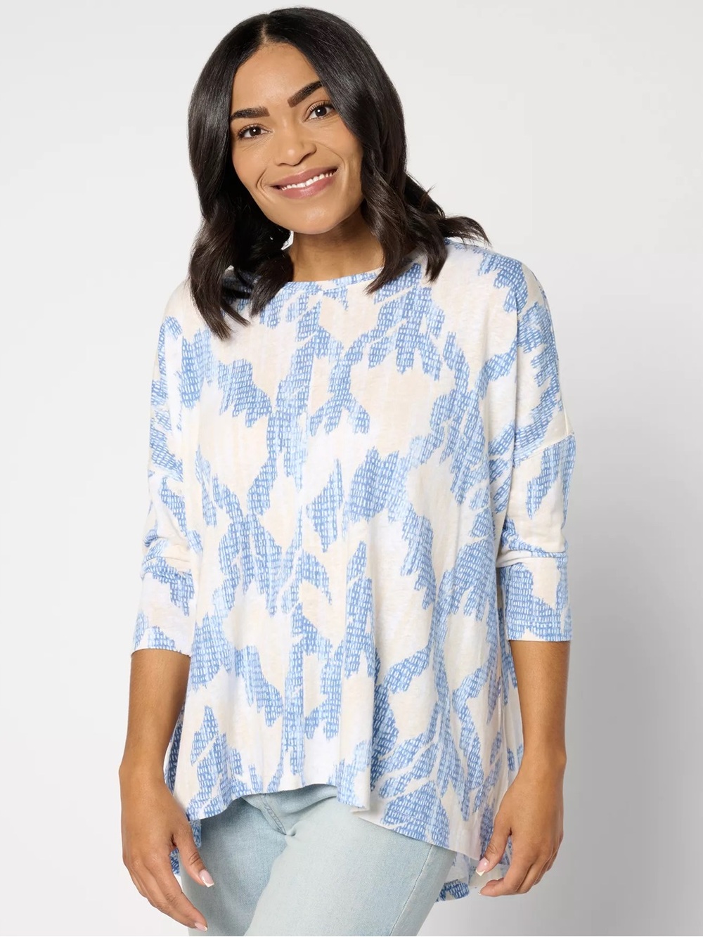 Peace love world Women's Blue & Cream Printed Swing Top